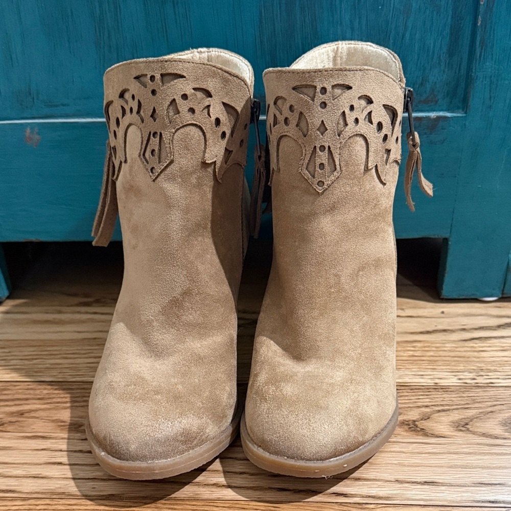Not Rated Tan Faux Suede Cutout Ankle Booties - Picture 4 of 5